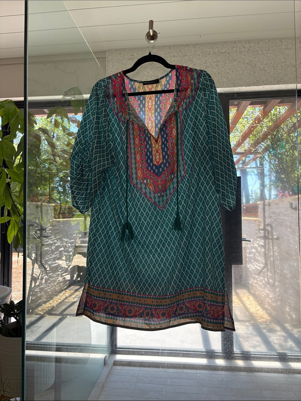 Boho Teal Printed Tunic with Tassel Tie